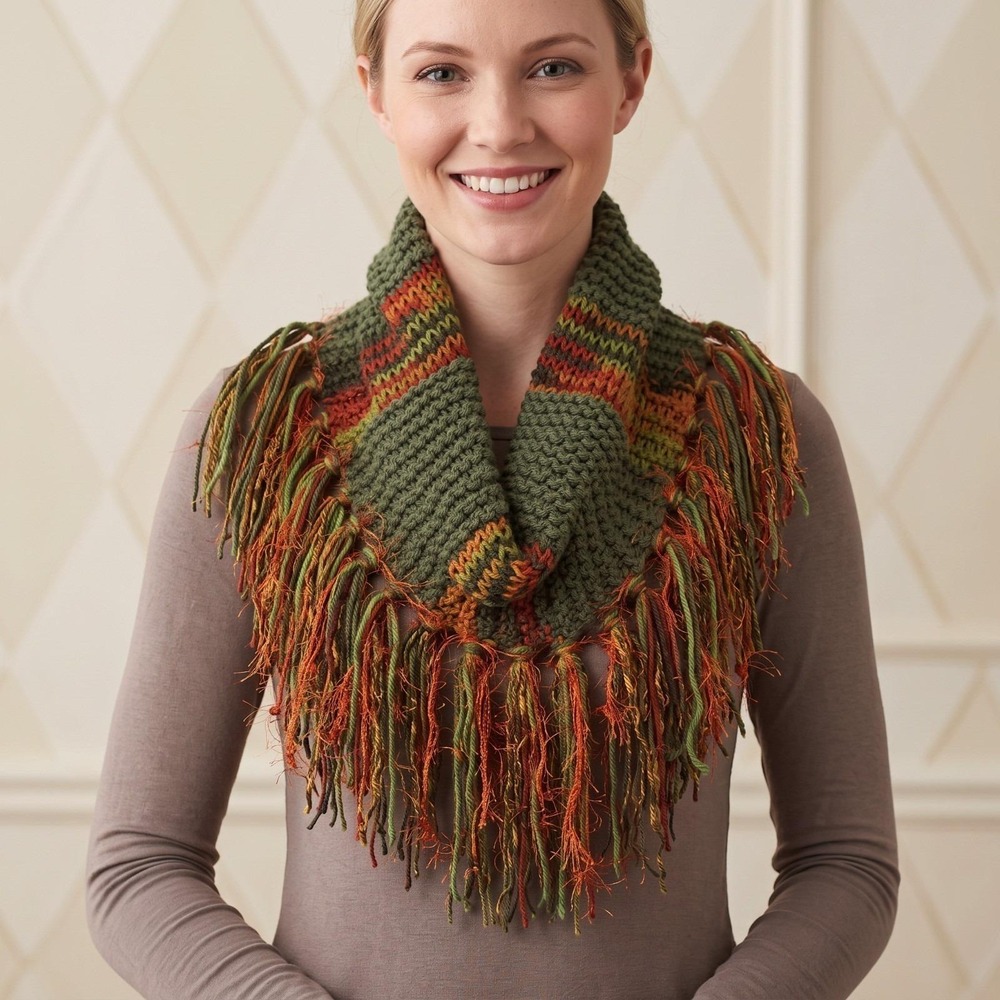 NEW Hand Knitted Boho Cowl Scarf Fringe Green Orange Cottage Indie Artsy Fall
